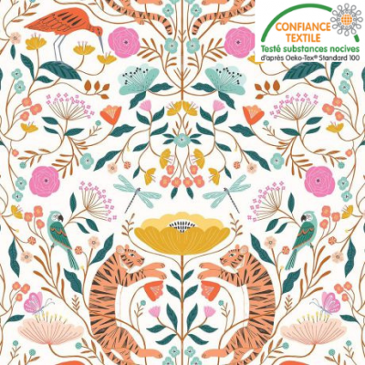 Tissu coton au mètre Dashwood motifs fleurs et animaux labelisé Oeko-Tex