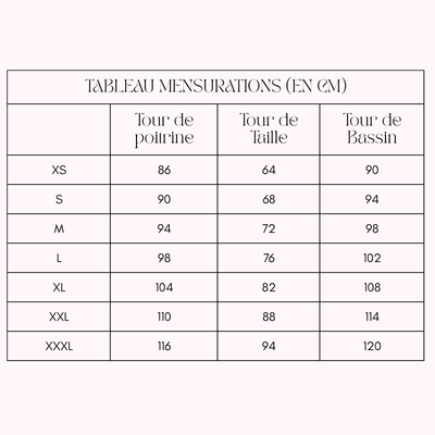 Tableau mensurations maillot de bain
